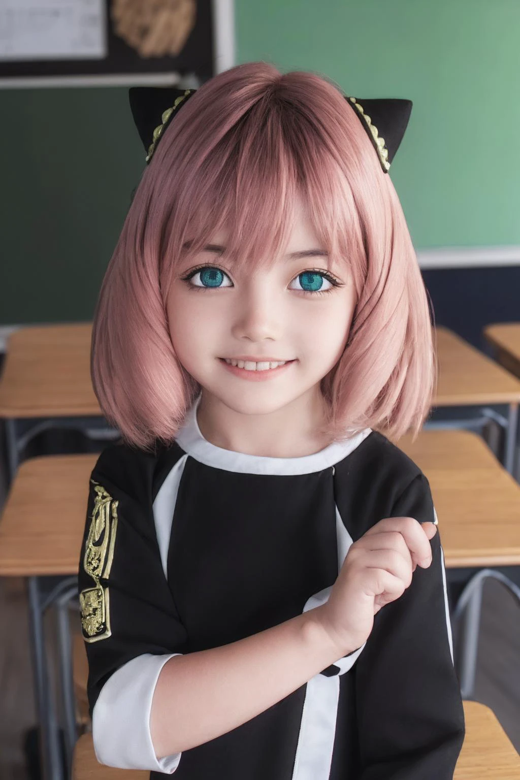 anyaforger,anya forger,bangs,(green eyes:1.2),pink hair,ahoge,hair ornament,(asian:1.2),cute,<lora:anya forger s1-lora-nochekaiser:1>,female ,smile,
BREAK long sleeves,dress,school uniform,socks,(black_dress:1.3),
BREAK indoors,classroom,
BREAK looking at viewer,(cowboy shot:1.5),
(masterpiece:1.2),best quality,high resolution,unity 8k wallpaper,(illustration:0.8),(beautiful detailed eyes:1.6),extremely detailed face,perfect lighting,extremely detailed CG,(perfect hands, perfect anatomy),<lora:AnyaForgerSF001:0.3>,