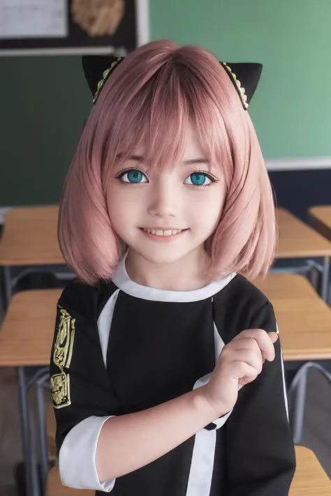 anyaforger,anya forger,bangs,(green eyes:1.2),pink hair,ahoge,hair ornament,(asian:1.2),cute,<lora:anya forger s1-lora-nochekaiser:1>,female ,smile,
BREAK long sleeves,dress,school uniform,socks,(black_dress:1.3),
BREAK indoors,classroom,
BREAK looking at viewer,(cowboy shot:1.5),
(masterpiece:1.2),best quality,high resolution,unity 8k wallpaper,(illustration:0.8),(beautiful detailed eyes:1.6),extremely detailed face,perfect lighting,extremely detailed CG,(perfect hands, perfect anatomy),<lora:AnyaForgerSF001:0.3>,