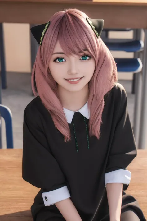 anyaforger,anya forger,bangs,(green eyes:1.2),pink hair,ahoge,hair ornament,(asian:1.2),cute,<lora:anya forger s1-lora-nochekaiser:1>,smile,23 years old,
BREAK long sleeves,dress,school uniform,socks,(black_dress:1.3),
BREAK indoors,classroom,
BREAK looking at viewer,(cowboy shot:1.5),
(masterpiece:1.2),best quality,high resolution,unity 8k wallpaper,(illustration:0.8),(beautiful detailed eyes:1.6),extremely detailed face,perfect lighting,extremely detailed CG,(perfect hands, perfect anatomy),<lora:AnyaForgerSF001:0.3>,