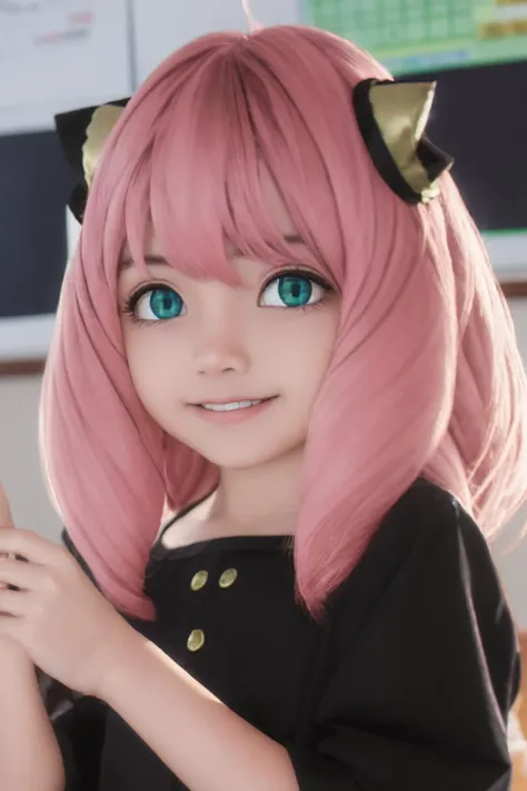 anyaforger,anya forger,bangs,(green eyes:1.2),pink hair,ahoge,hair ornament,(asian:1.2),cute,<lora:anya forger s1-lora-nochekaiser:1>,evil grin,female ,
BREAK long sleeves,dress,school uniform,socks,(black_dress:1.3),
BREAK indoors,classroom,
BREAK looking at viewer,(cowboy shot:1.5),
(masterpiece:1.2),best quality,high resolution,unity 8k wallpaper,(illustration:0.8),(beautiful detailed eyes:1.6),extremely detailed face,perfect lighting,extremely detailed CG,(perfect hands, perfect anatomy),<lora:AnyaForgerSF001:0.3>,