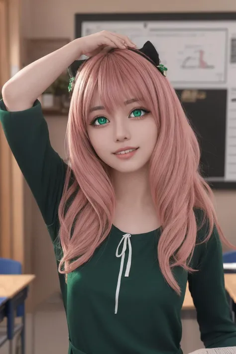 <lora:anya forger s1-lora-nochekaiser:1>,anyaforger,anya forger,bangs,(green eyes:1.5),pink hair,ahoge,hair ornament,smile,(asian:1.2),cute,
BREAK long sleeves,dress,school uniform,socks,(black dress:1.2),
BREAK indoors,classroom,
BREAK looking at viewer,(cowboy shot:1.5),
(masterpiece:1.2),best quality,high resolution,unity 8k wallpaper,(illustration:0.8),(beautiful detailed eyes:1.6),extremely detailed face,perfect lighting,extremely detailed CG,(perfect hands, perfect anatomy),