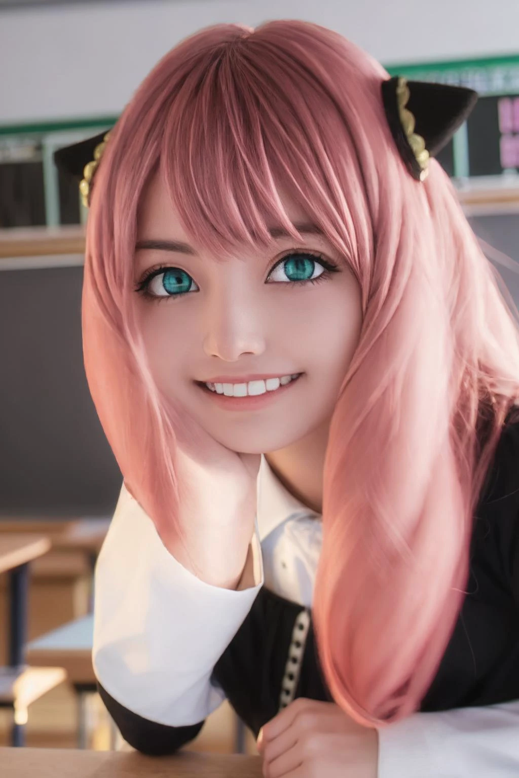 anyaforger,anya forger,bangs,(green eyes:1.2),pink hair,ahoge,hair ornament,(asian:1.2),cute,<lora:anya forger s1-lora-nochekaiser:1>,evil grin,female ,
BREAK long sleeves,dress,school uniform,socks,(black_dress:1.3),
BREAK indoors,classroom,
BREAK looking at viewer,(cowboy shot:1.5),
(masterpiece:1.2),best quality,high resolution,unity 8k wallpaper,(illustration:0.8),(beautiful detailed eyes:1.6),extremely detailed face,perfect lighting,extremely detailed CG,(perfect hands, perfect anatomy),<lora:AnyaForgerSF001:0.3>,