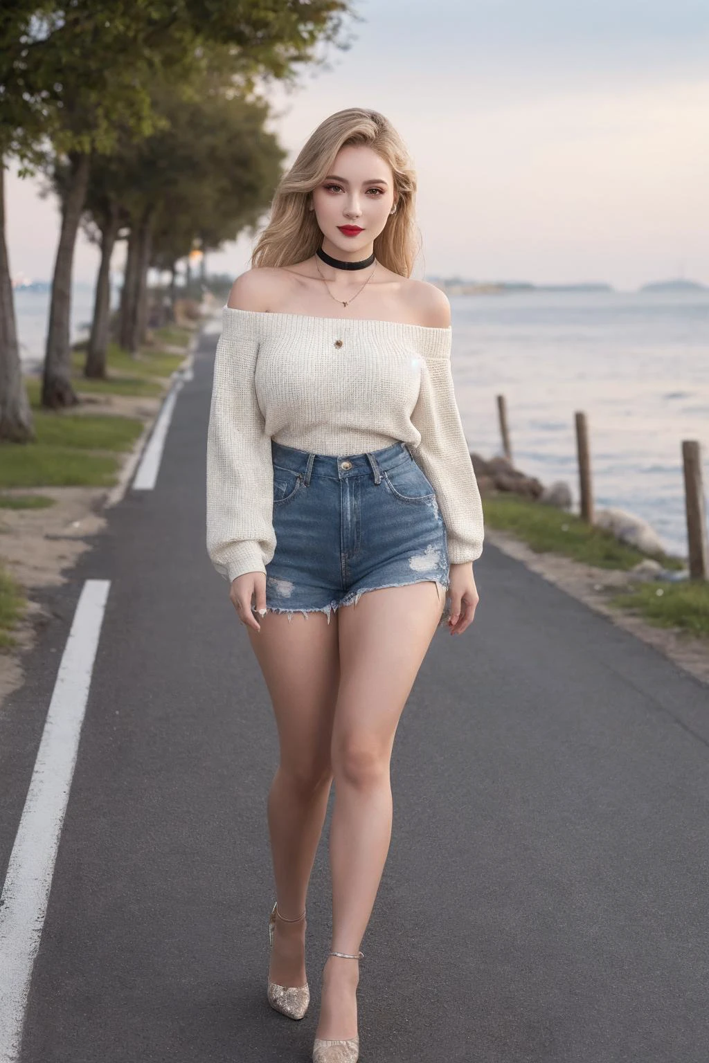 1girl,solo,long hair,outdoors,brown eyes,road,standing,full body,breasts,looking at viewer,photo background,realistic,day,off shoulder,choker,real world location,jewelry,lips,necklace,happy,adult,white_skin,shiny_skin,rim light,available light,curvy,glamor,tall,relaxing,suneate,by the sea,lipstick,eyeshadow,makeup,young,(high_heels:1.1),take a walk,slender_waist,full_shot,looking_at_viewer,eye-contact,blonde hair,upper body,
