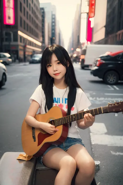 polaroid photo, masterpiece, best quality, 1girl, the cloud elf queen busks on the streets of new york, casual, sitting, playing guitar, film grain, soft lighting, smile
