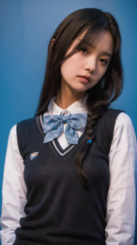 best quality, masterpiece, (photorealistic:1.4), realistic,
1girl, solo, long hair, black hair, lips,school uniform, blue background, black eyes, sweater vest, bow,
