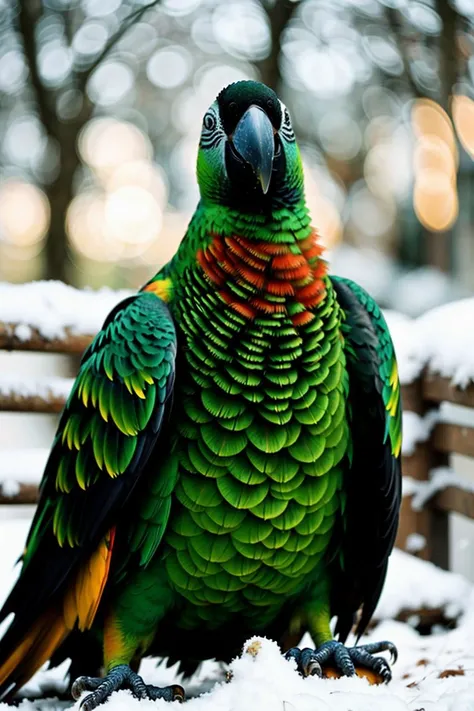 a parrot,snowfall,Porta 160 color,shot on ARRI ALEXA 65,bokeh,sharp focus on subject,shot by Don McCullin,<lora:PicXer:1>,