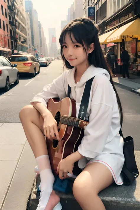 polaroid photo, masterpiece, best quality, 1girl, the cloud elf queen busks on the streets of new york, casual, sitting, playing guitar, film grain, soft lighting, smile