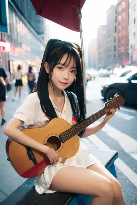 polaroid photo, masterpiece, best quality, 1girl, the cloud elf queen busks on the streets of new york, casual, sitting, playing guitar, film grain, soft lighting, smile