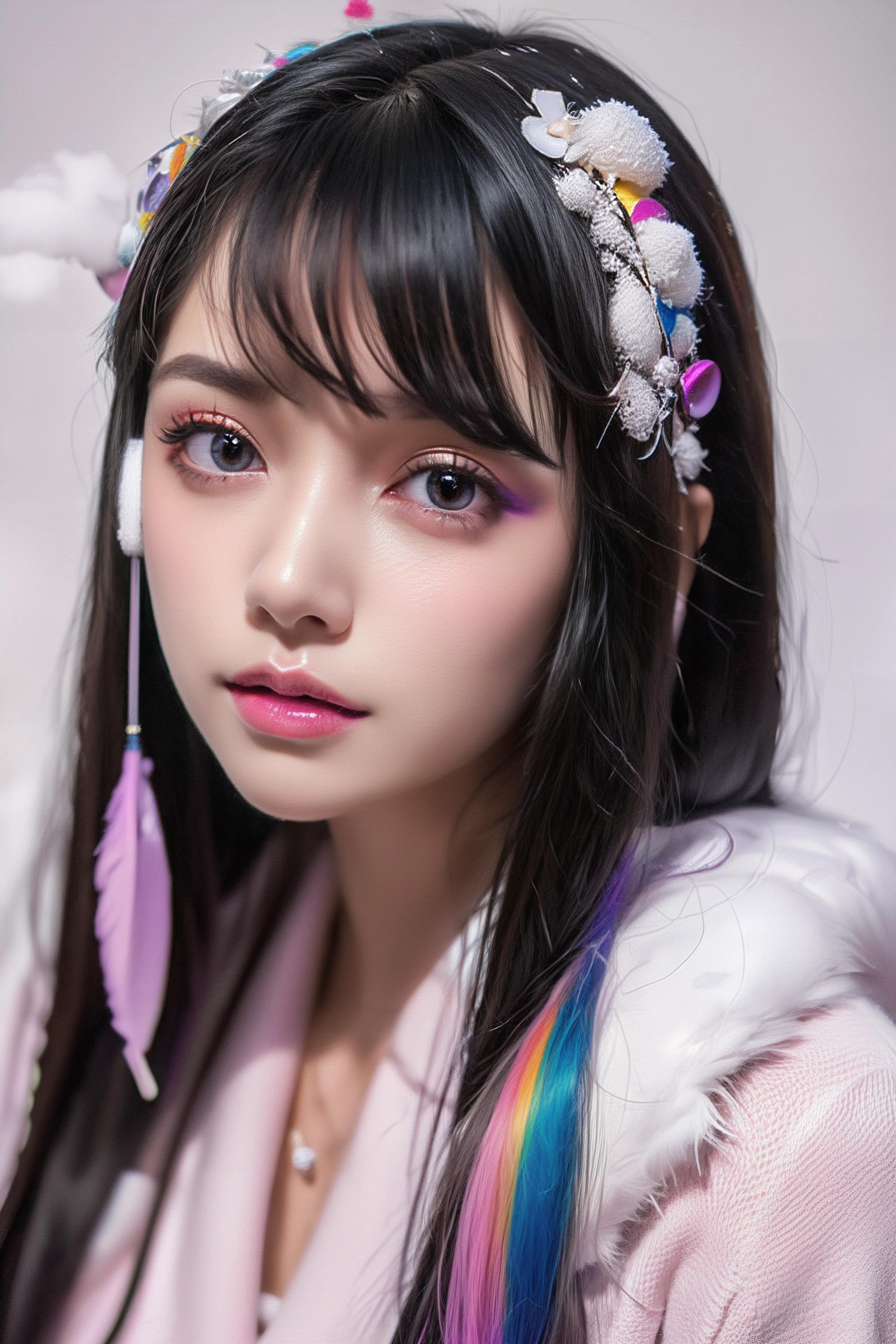 masterpiece, best quality, 1girl, rainbow and purple swirling vortexes colourful cloudy and smoke and colorful background, (snowing) (( swirling vortexes colourful hair)), wear white fur coat, ((long Hair)), ((front)), emotional face, close up, studio light, studio, (((makeup portrait, pink eye shadow))), ((with many purple rainbow swirling vortexes colourful snow and feather on face)),Delicate skin,
