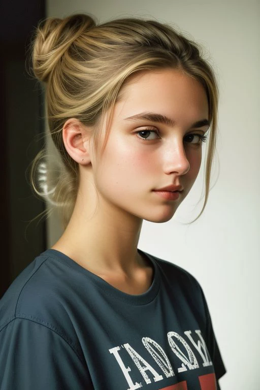 analog photo,silhouette,spotlight,close up portrait,
a beautiful cute petite young Swiss woman,18 years old,highly detailed face,blonde,messy bun,
seducing facial expression,wearing t-shirt,dark background,warm colors,
RAW candid cinema,16mm,color graded portra 400 film,remarkable color,ultra realistic,