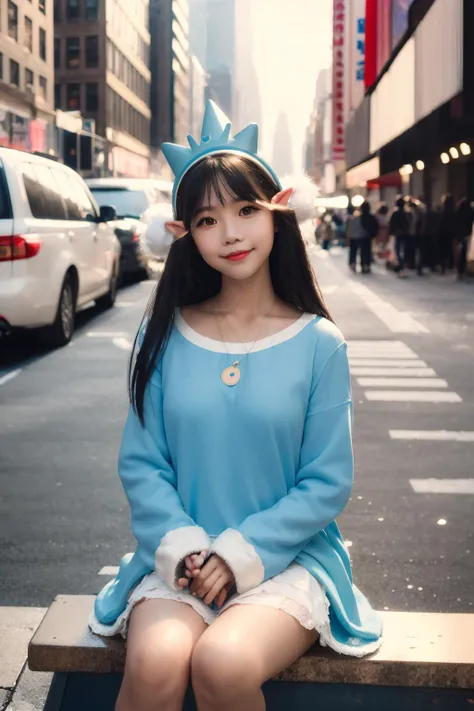 polaroid photo, masterpiece, best quality, 1girl, the cloud elf queen busks on the streets of new york, casual, sitting, playing guitar, film grain, soft lighting, smile