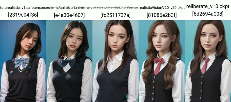 best quality, masterpiece, (photorealistic:1.4), realistic,
1girl, solo, long hair, black hair, lips,school uniform, blue background, black eyes, sweater vest, bow,