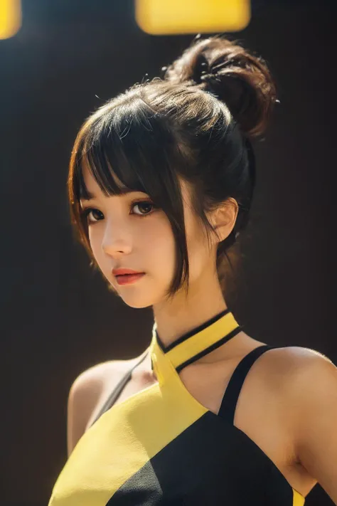 (real:1.3),(high resolution:1.2),(soft saturation:1.5),(beautiful skin:1.2),(soft focus:1.5),(ultra-detailed background,detailed background),(RAW photo:1.2),bokeh,(masterpiece, top quality, best quality, ((standing in centre)), ((1girl, black hair)), ((upper body, symmetrical composition)), ((wear yellow abstract patterns dress bold lines, geometric shapes)), (pure yellow abstract patterns background), ((studio light)) ((studio portrait)), emotional face, face front, extreme detailed
<lora:add_detail:0.4>