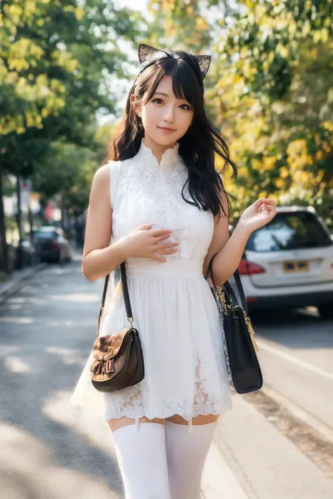 (masterpiece:1.2), best quality, high resolution, unity 8k wallpaper, (illustration:1.0), beautiful detailed eyes:, extremely detailed face, perfect lighting,photo_\(medium\), photorealistic, realistic,
1girl, solo, handbag, thighhighs, dress, bag, white dress, black hair, outdoors, tree, white thighhighs, night, looking at viewer, road, long hair, holding, sleeveless, standing, realistic, sleeveless dress, brown eyes