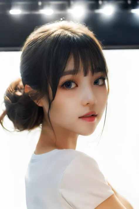 Best quality,(masterpiece:1.2),(real:1.3),(high resolution:1.2),(soft saturation:1.5),(beautiful skin:1.2),(soft focus:1.5),(ultra-detailed background,detailed background),(RAW photo:1.2),bokeh,, 1girl ((pure white background)), black hair, floating hair, blush, looking at viewers, white T-shirt, happy, ((front)),upper body, close-up, (studio light)
<lora:add_detail:0.4>