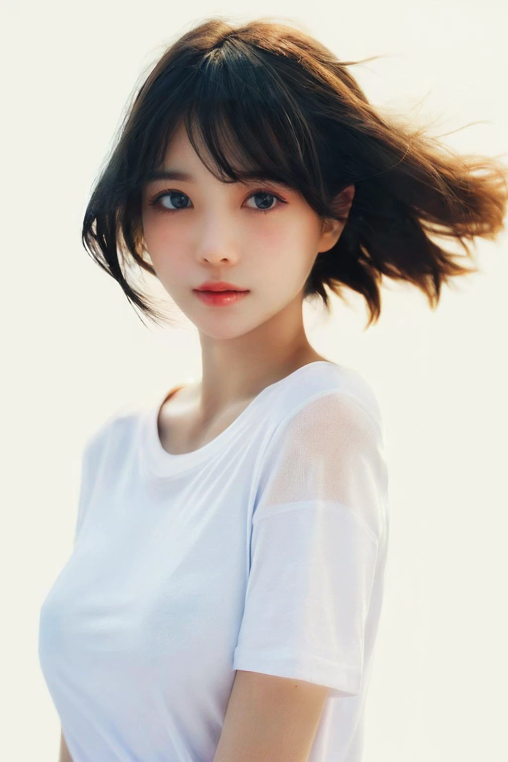 Best quality,(masterpiece:1.2),(real:1.3),(high resolution:1.2),(soft saturation:1.5),(beautiful skin:1.2),(soft focus:1.5),(ultra-detailed background,detailed background),(RAW photo:1.2),bokeh,, 1girl ((pure white background)), black hair, floating hair, blush, looking at viewers, white T-shirt, happy, ((front)),upper body, close-up, (studio light)
<lora:add_detail:0.4>