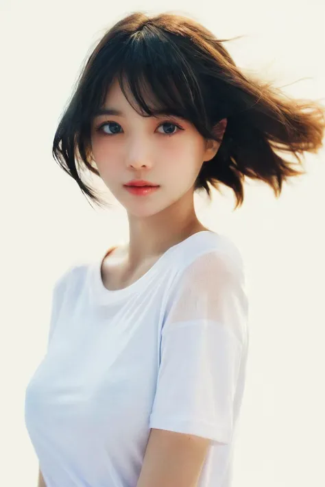 Best quality,(masterpiece:1.2),(real:1.3),(high resolution:1.2),(soft saturation:1.5),(beautiful skin:1.2),(soft focus:1.5),(ultra-detailed background,detailed background),(RAW photo:1.2),bokeh,, 1girl ((pure white background)), black hair, floating hair, blush, looking at viewers, white T-shirt, happy, ((front)),upper body, close-up, (studio light)
<lora:add_detail:0.4>