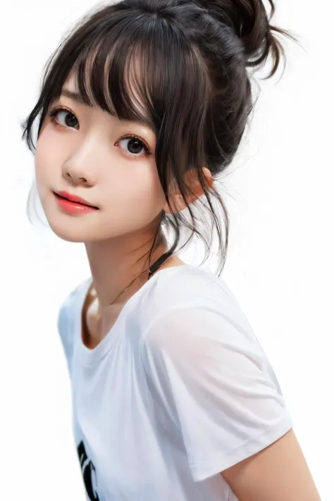 masterpiece, best quality, 1girl ((pure white background)), black hair, floating hair, blush, looking at viewers, white T-shirt, happy, ((front)),upper body, close-up, (studio light)
<lora:add_detail:0.4>