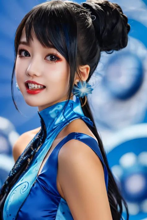 masterpiece, best quality, 1girl, ocean blue background, black hair, Long curly hair, face front, ((blue fashion silk lone costume with blue swirling vortexes pattern)), emotional face, (close up portrait), make up, studio light, studio, close mouth, no teeth
<lora:add_detail:0.4>