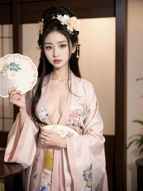 The image showcases a woman adorned in traditional East Asian attire, possibly representing a historical or cultural setting. She is holding a round fan with intricate floral patterns. The woman has long, dark hair styled with various decorative elements, including flowers, pearls, and a headpiece. Her makeup is subtle, emphasizing her eyes and lips. She is wearing a pale pink robe, and her overall demeanor exudes a sense of grace and elegance.