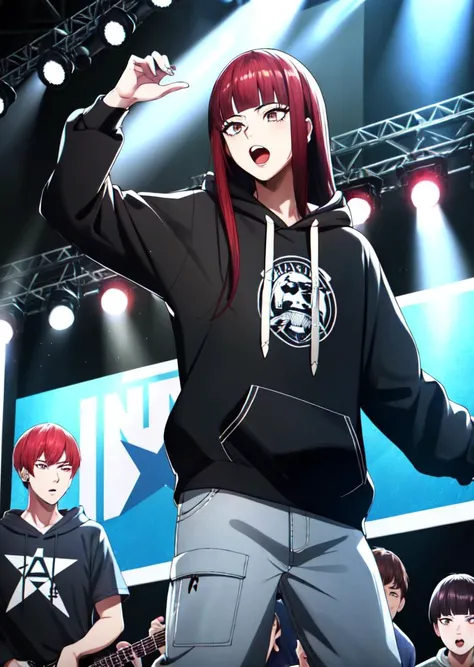 (masterpiece, high quality,shiny skin:1.2) ,vivid color,<lora:more_details:0.2>, <lora:GoodHands-beta2:1>,1girl,<lora:zs_Sahori:0.8>,sahorismt, long hair, blunt bangs, red hair,BREAK,punk,tight black hoodie (white accents, front pocket), jeans,rapper, (baggy clothes:1.4), singing, hoodie, baggy pants, concert, crowd, on stage, intense spotlight,