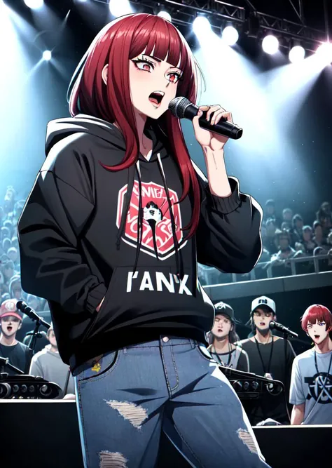 (masterpiece, high quality,shiny skin:1.2) ,vivid color,<lora:more_details:0.2>, <lora:GoodHands-beta2:1>,1girl,<lora:zs_Sahori:0.8>,sahorismt, long hair, blunt bangs, red hair,BREAK,punk,tight black hoodie (white accents, front pocket), jeans,rapper, (baggy clothes:1.4), singing, hoodie, baggy pants, concert, crowd, on stage, intense spotlight,