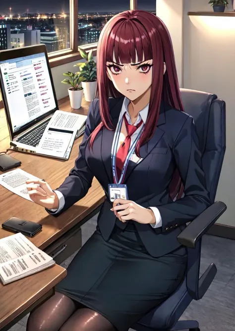 (masterpiece, high quality,shiny skin:1.2) ,vivid color,<lora:more_details:0.2>, <lora:GoodHands-beta2:1>,1girl,<lora:zs_Sahori:0.8>, looking at viewer,18years old,sahorismt, long hair, blunt bangs, red hair,(office lady:1.2),business suit,jacket,collared shirt,pencil skirt,pantyhose,<lyco:WomanBusinessSuit_v10:1.0>,hold documents,lanyard, necktie, id card,annoyed, serious,lanyard, necktie, id card,sitting, desk, paperwork,Office work, laptop,chair,annoyed, serious,office,(night:1.2) <lora:shaded_v10:0.3> <lora:constricted_pupils_v0.2a:0.5>