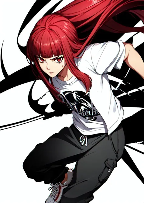 (masterpiece, high quality,shiny skin:1.2) ,vivid color, high contrast,<lora:more_details:0.2>, <lora:GoodHands-beta2:1>,1girl,<lora:zs_Sahori:0.8>,sahorismt, long hair, blunt bangs, red hair,BREAK,punk,rapper,street wear, hip hop, oversized shirt, t shirt, baggy oversized joggers, sneakers, oversized,dynamic pose