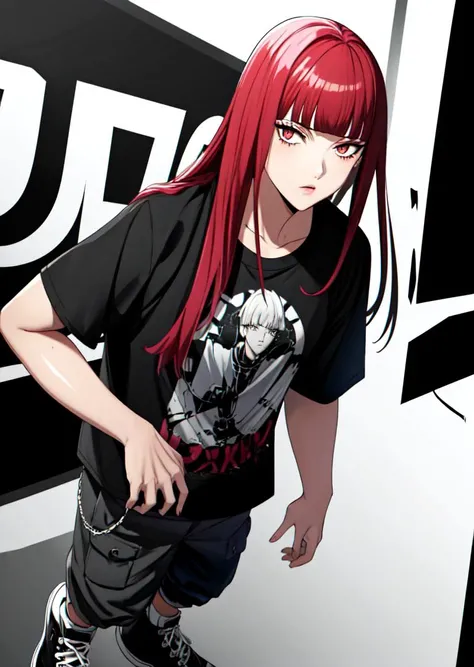 (masterpiece, high quality,shiny skin:1.2) ,vivid color, high contrast,<lora:more_details:0.2>, <lora:GoodHands-beta2:1>,1girl,<lora:zs_Sahori:0.8>,sahorismt, long hair, blunt bangs, red hair,BREAK,punk,rapper,street wear, hip hop, oversized shirt, t shirt, baggy oversized joggers, sneakers, oversized,dynamic pose