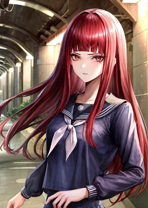 (masterpiece, high quality ,8k reaslistic,extremely detailed) ,<lyco:ShinyOiledSkin_v20-LyCORIS:0.5> ,<lora:more_details:0.1>, <lora:add_detail:0.4>,1girl,<lora:zs_Sahori:1>,upper body, looking at viewer,18years old,sahorismt, long hair, blunt bangs, black serafuku, red hair, pantyhose, loafers,No expressin,onhands behind one's back,tunnel,Underground sewer,dim