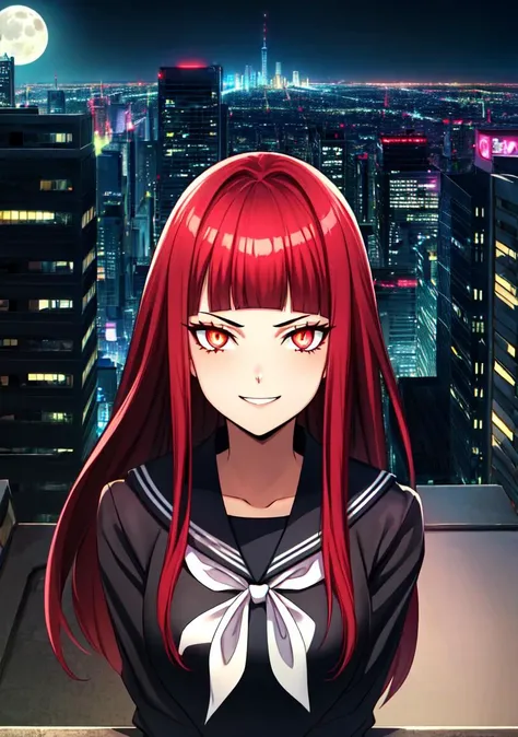 (masterpiece, high quality,shiny skin:1.2) ,vivid color, high contrast,<lora:more_details:0.2>, <lora:GoodHands-beta2:1>,,1girl, solo,sitting, cyberpunk cityscape,night city \(city\), stealth in the city,(glowing eyes:1.2),cowboy shot, evil smile, evil eyes,background city,<lora:zs_Sahori:0.8>,upper body, looking at viewer,18years old,sahorismt, long hair, blunt bangs, black serafuku, red hair, pantyhose, loafers,No expressin,bigmoon