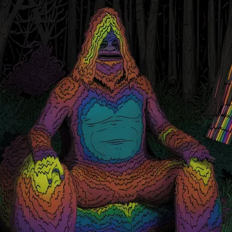 sassy the sasquatch <lora:Sassy Sasquatch:1> (psychedelic colors:1.4), bean bad chair, overcast, edge of the forest, foggy, (full body), 8k, best quality, ultra high res, cinematic lighting, night, depth of field, lens flare, masterpiece, extremely detailed, unity, amazing, finely detailed, 8k wallpaper, huge filesize