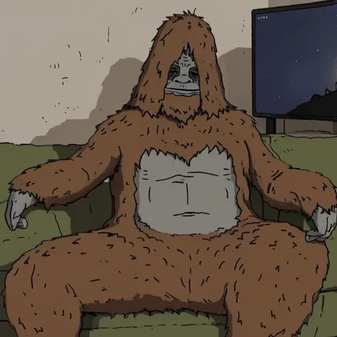 Sassy the sasquatch <lora:Sassy Sasquatch:1> sitting on the couch, watching tv