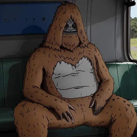 sassy the sasquatch <lora:Sassy Sasquatch:1> sitting on a bus