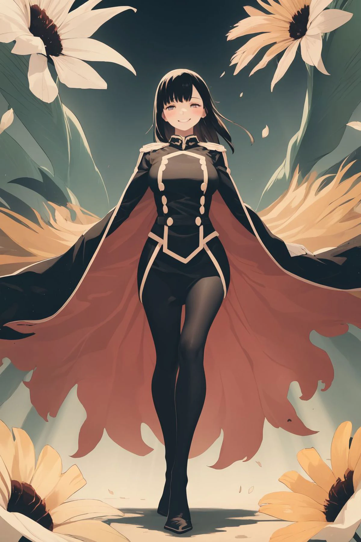 full body, solo, 1girl, looking down, smile, blush, medium breasts, stringer, god rays, Bird of Paradise \(flower\), floral background <lora:Takemura_Youhei_style_v02:1>