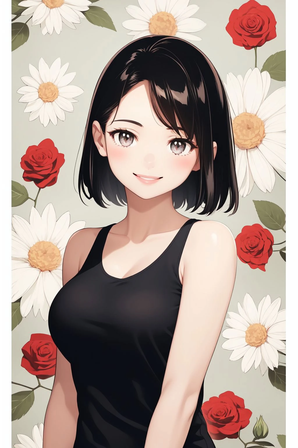 upper body, solo, 1girl, looking at viewer, smile, blush, large breasts, tank top, night, Rose Bridal White \(flower\), floral background <lora:Takemura_Youhei_style_v02:1>