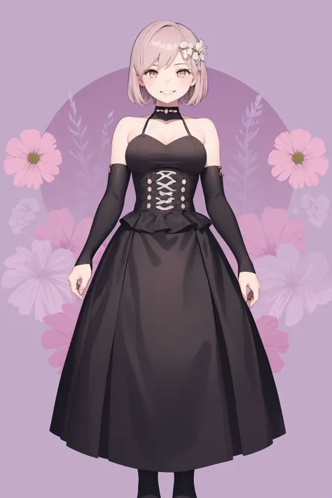 full body, solo, 1girl, looking down, smile, blush, medium breasts, bustier, bright, Lavender \(flower\), floral background <lora:Takemura_Youhei_style_v02:1>