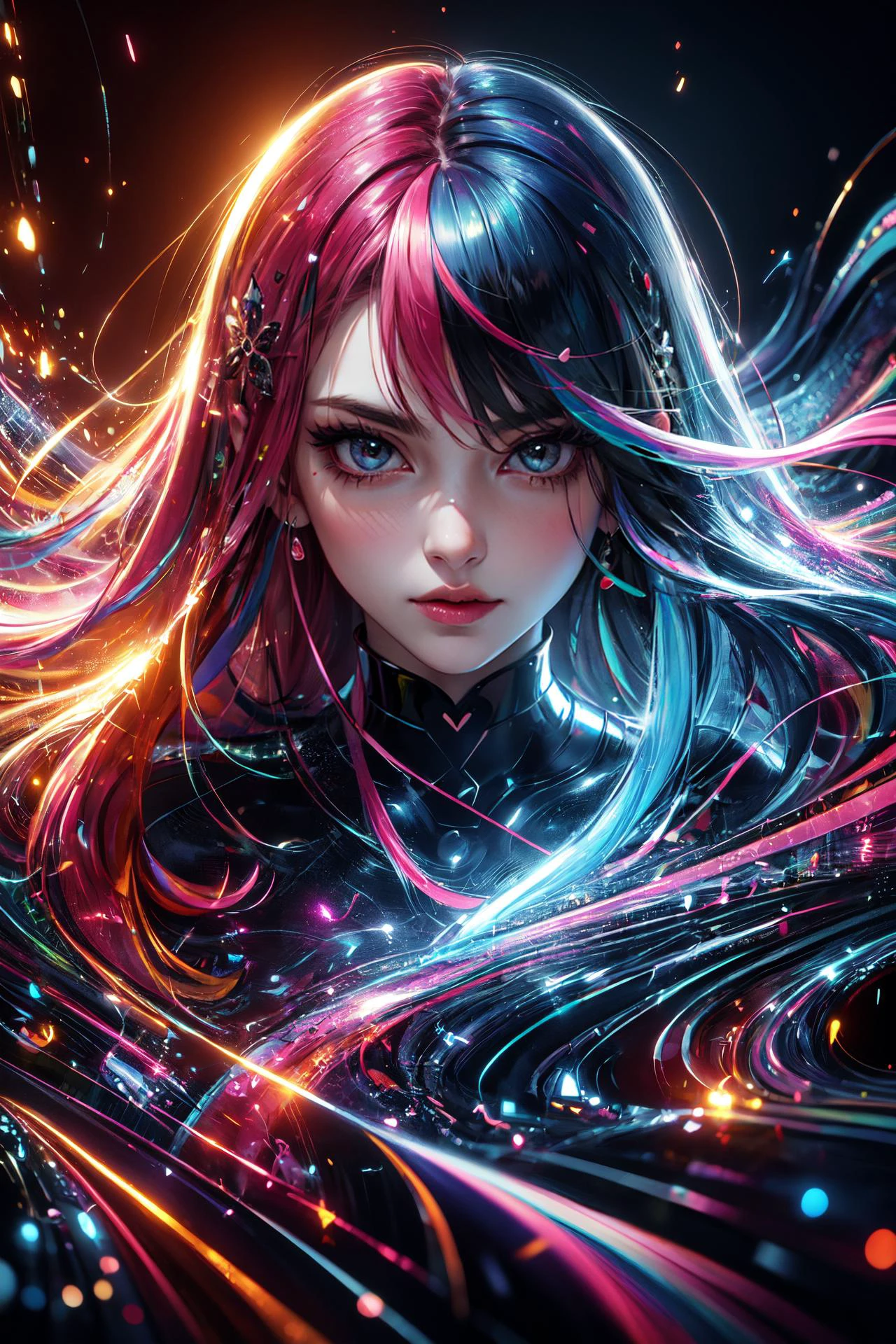 ((8k, best quality, masterpiece, extremely detailed, Rule of thirds)), (((light play, shadow play))), ((abstract background)), ((provocative)), ((glamour photography)), ((cinematic, film grain)), ((anime aesthetic)), ((comic-style)), ((soft light passing through hair)), ((colorful, frenzied)), reflection, shiny, ((1girl, multi-color hair, flowing hair, holographic, wind-blown)), <lora:Dhevv-LEDConcept:0.8> <dhevv:led>,