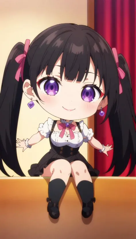 1girl, solo, black long hair, very very long black hair, (long twintails:1.2), straight hair, blunt bangs, (pink ribbon:1.05), earrings, purple eyes, long eyelashes, (red eyeliner:1.2), lips, large breasts, jirai kei,
(chibi:1.4),smile, sitting, indoors, looking at viewer, waving arms, 
BREAK
anime coloring, anime screencap, megami magazine, flat color, toon shading, cel shading, cel painting, masterpiece, best quality,