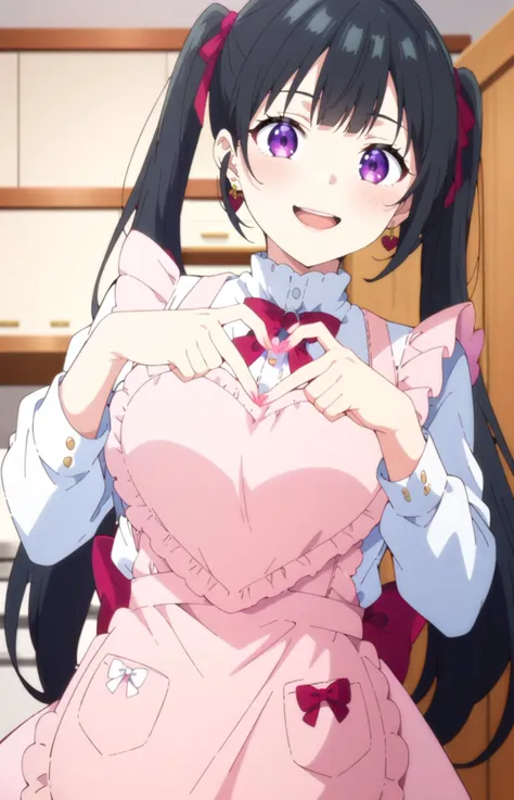 1girl, solo, black long hair, very very long black hair, (long twintails:1.2), straight hair, blunt bangs, (pink ribbon:1.05), earrings, purple eyes, long eyelashes, (red eyeliner:1.2), lips, large breasts, jirai kei, looking at viewer, front view,
blush, smile, indoors, kitchen, looking at viewer,  pink apron, heart hand, spoken heart, half open mouth,<lora:heartapron_XL_v1:0.8> heart apron
BREAK
anime coloring, anime screencap, megami magazine, flat color, toon shading, cel shading, cel painting, masterpiece, best quality,