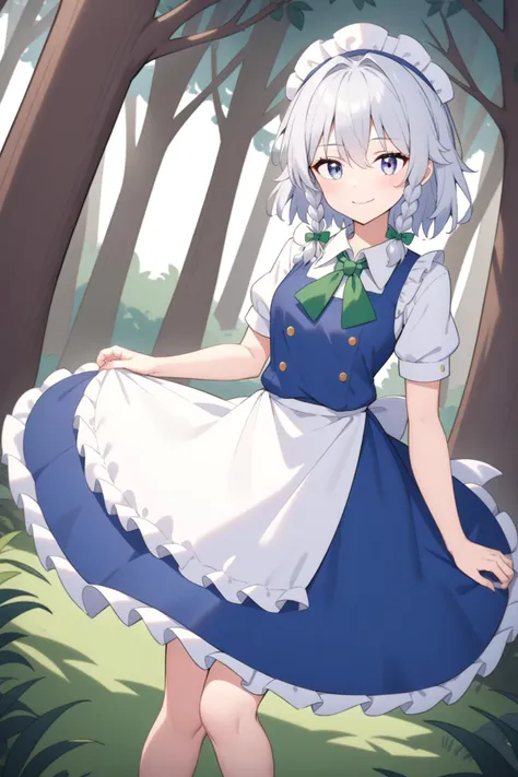 1girl, izayoi sakuya, touhou, in the forest, light smile, white brim, dynamic angle,