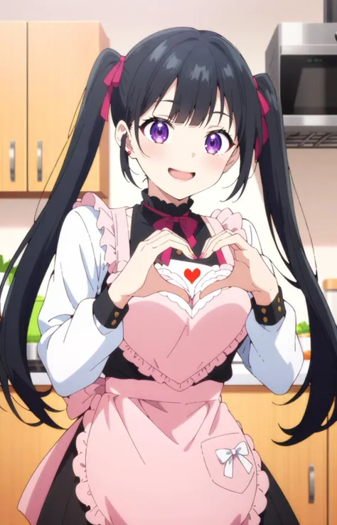 1girl, solo, black long hair, very very long black hair, (long twintails:1.2), straight hair, blunt bangs, (pink ribbon:1.05), earrings, purple eyes, long eyelashes, (red eyeliner:1.2), lips, large breasts, jirai kei, looking at viewer, front view,
blush, smile, indoors, kitchen, looking at viewer,  pink apron, heart hand, spoken heart, half open mouth,<lora:heartapron_XL_v1:0.6> heart apron
BREAK
anime coloring, anime screencap, megami magazine, flat color, toon shading, cel shading, cel painting, masterpiece, best quality,