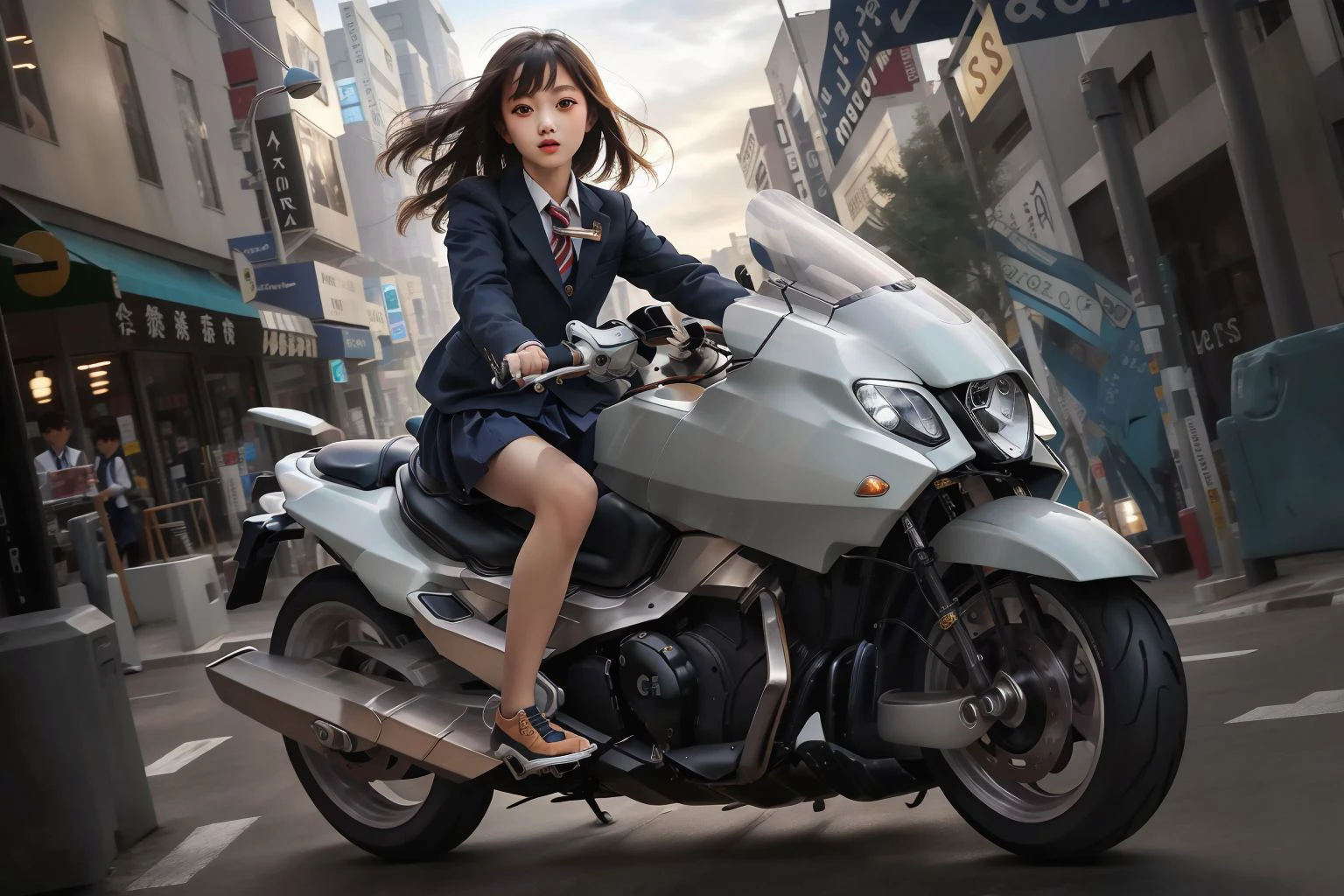 1girl , <lyco:G-STRIDER_v10:1>, riding on a G-STRIDER,school uniform, <lora:riding_a:0.6>, (masterpiece, best quality, high quality, highres, ultra-detailed),