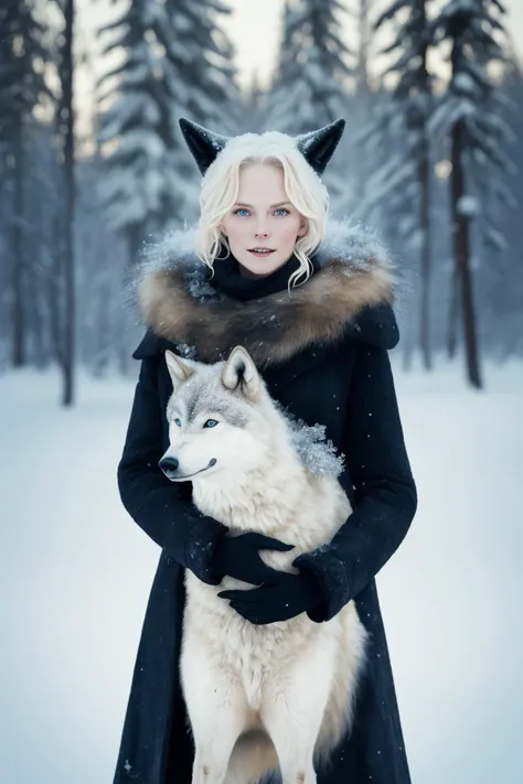 realistic photo modelshoot style, wind of winter, black coat, heavy snow, young blond woman with wolf, (RAW photo, 8k uhd, film grain), extremely delicate and beautiful, 8k, soft lighting, high quality, highres, sharp focus, extremely detailed