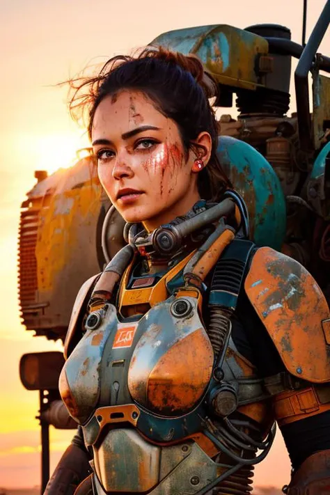 realistic photo modelshoot style, (detailed face), (woman waifu in a cramped rusty hydraulic mech exoskeleton), sunset, oily, sweaty, dirty, ripped, post-apocalyptic