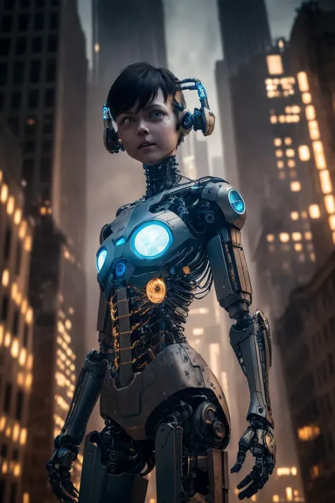 realistic photo modelshoot style, robotic rustic cyborg girl in gotham dark city, (RAW photo, 8k uhd, film grain), extremely delicate and beautiful, 8k, soft lighting, high quality, highres, sharp focus, extremely detailed