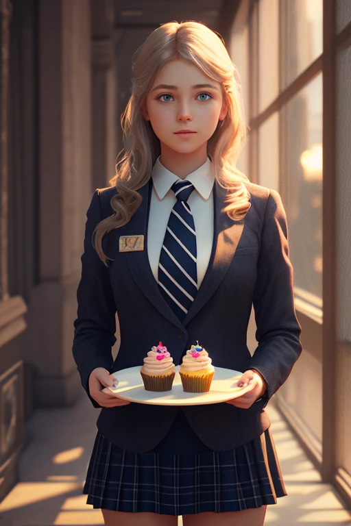 a girl, wearing a tie, cupcake in her hands, school, indoors, (soothing tones:1.25), (hdr:1.25), (artstation:1.2), dramatic, (intricate details:1.14), (hyperrealistic 3d render:1.16), (filmic:0.55), (rutkowski:1.1), (faded:1.3)