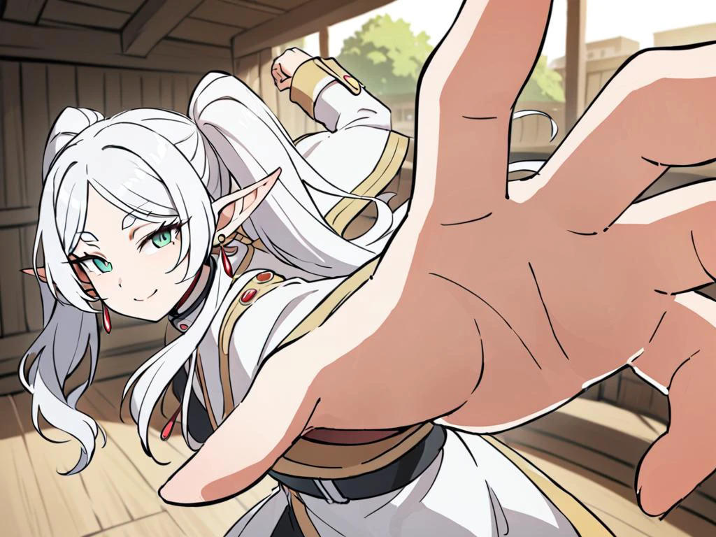 <lora:xl_pepe_punch_(meme)-000034:1>,pepe punch pose, looking at viewer, masterpiece, best quality, 1girl,
<lora:frieren-10:1.2>, frieren, long hair, white hair, pointy ears, twintails, jewelry, elf, earrings, looking at viewer, closed mouth, white capelet, capelet, long sleeves, green eyes, smile <lora:Tsurime:1.2>, sharp,