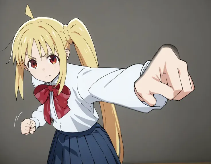 pepe punch pose,motion blur,looking at viewer,simple background,visible fist,btr-nijika, 1girl, blonde hair, solo, side ponytail, skirt, long hair, ahoge, red bow, blue skirt, white shirt, pleated skirt,bowtie, long sleeves,masterpiece, best quality<lora:bocchi_xl:1.2> <lora:xl_XL_pepe_punch(pony)3:1>