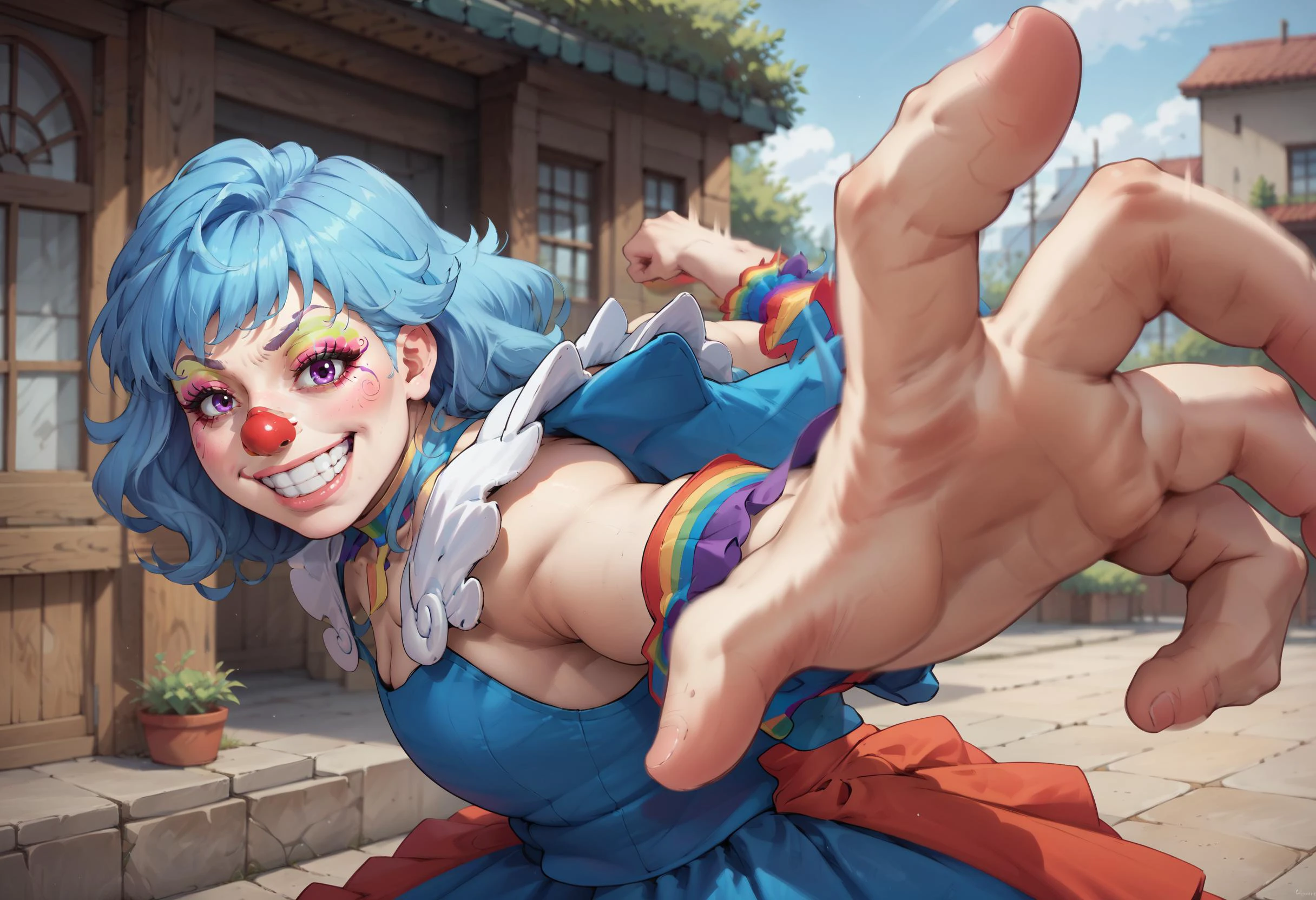 score_9, score_8_up, score_7_up, score_6_up, BREAK solo,red clown nose, edgClussy,a woman dressed in a costume with a clown face ,wearing edgClussy,pepe punch pose,motion blur,looking at viewer,from side,grin <lora:xl_XL_pepe_punch(pony)3:1> <lora:edgClussyPonyv1:0.8>